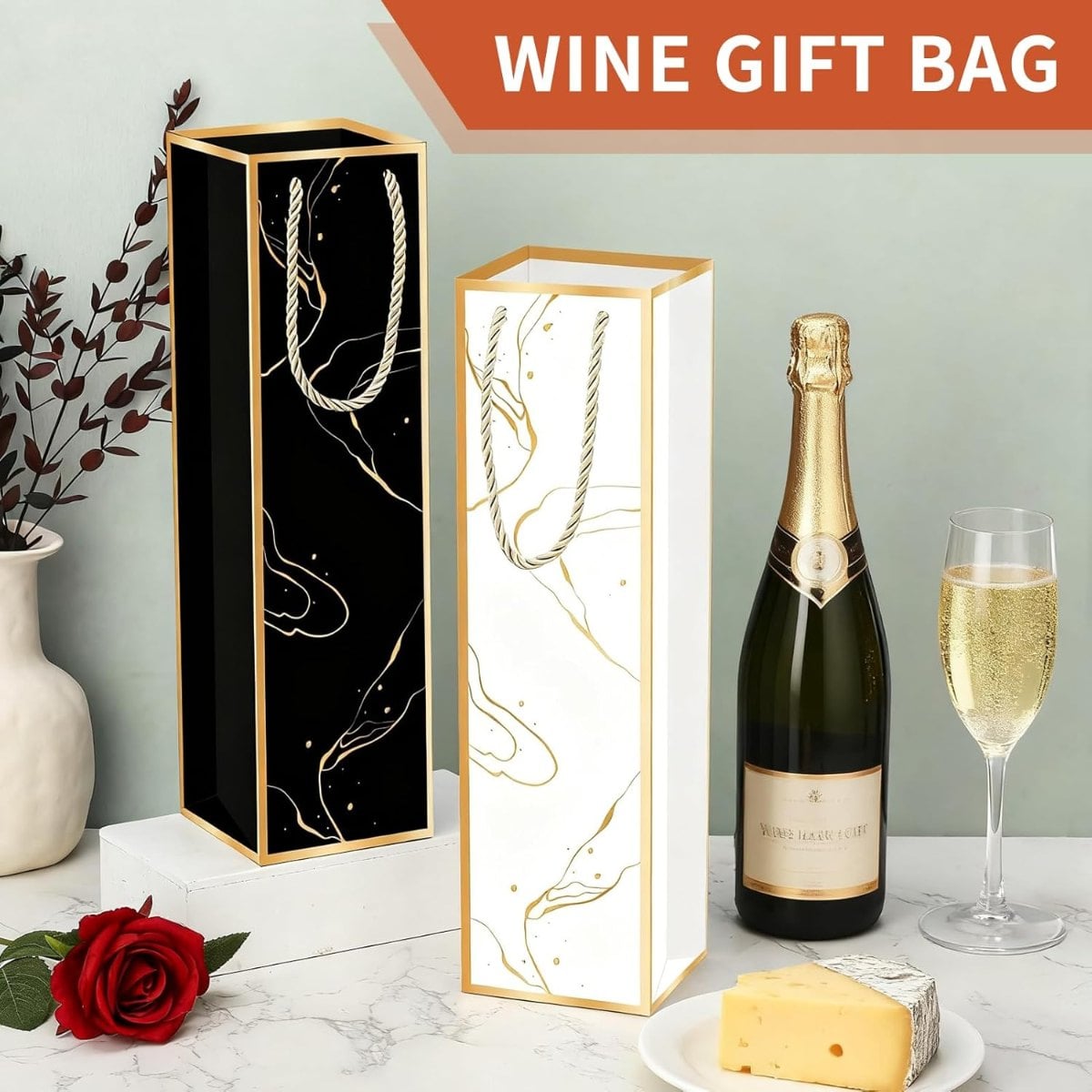 White & Black - Gold Reusable Wine Gift Bag With Gift Wrap Paper - 13.78 x 3.74 x 3.54 inches