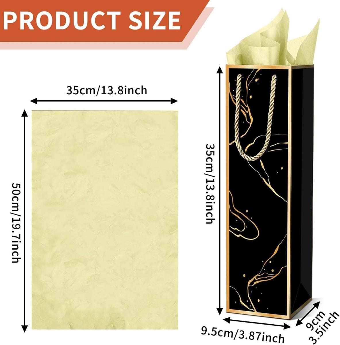 White & Black - Gold Reusable Wine Gift Bag With Gift Wrap Paper - 13.78 x 3.74 x 3.54 inches