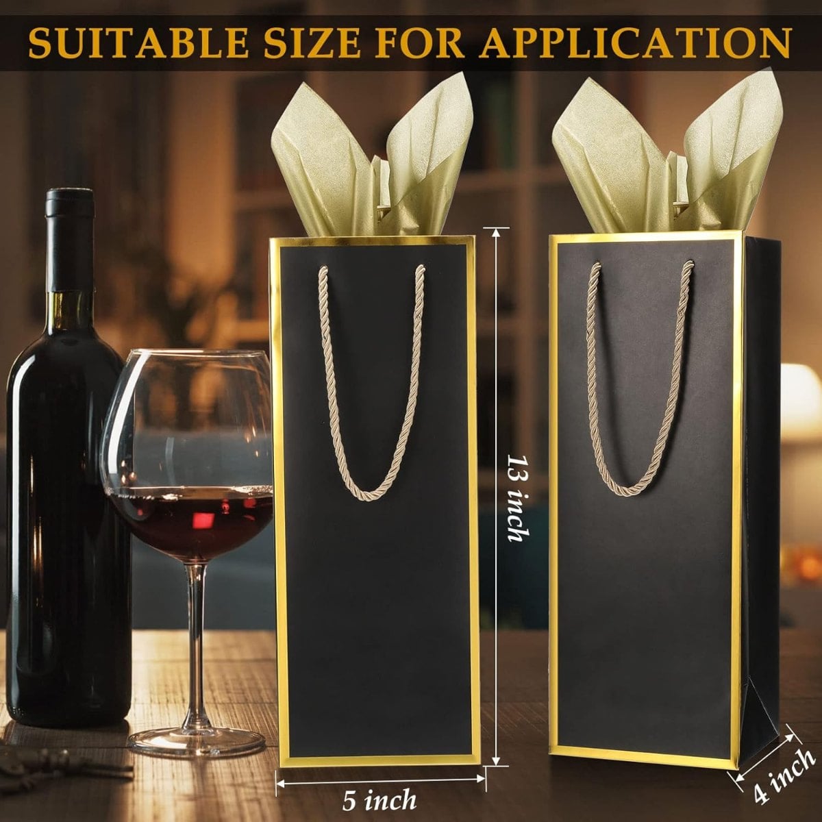Black with Gold Wrapping Paper Set Champagne & Wine Gift Bag - 4 x 5 x 13 Inch