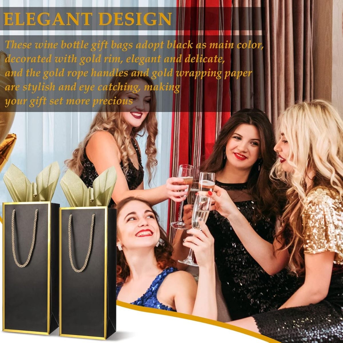 Black with Gold Wrapping Paper Set Champagne & Wine Gift Bag - 4 x 5 x 13 Inch