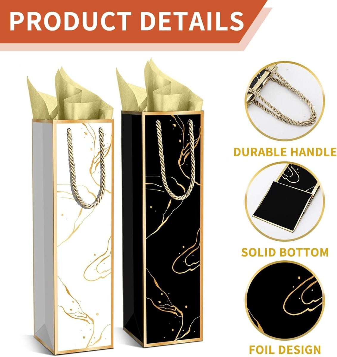 White & Black - Gold Reusable Wine Gift Bag With Gift Wrap Paper - 13.78 x 3.74 x 3.54 inches