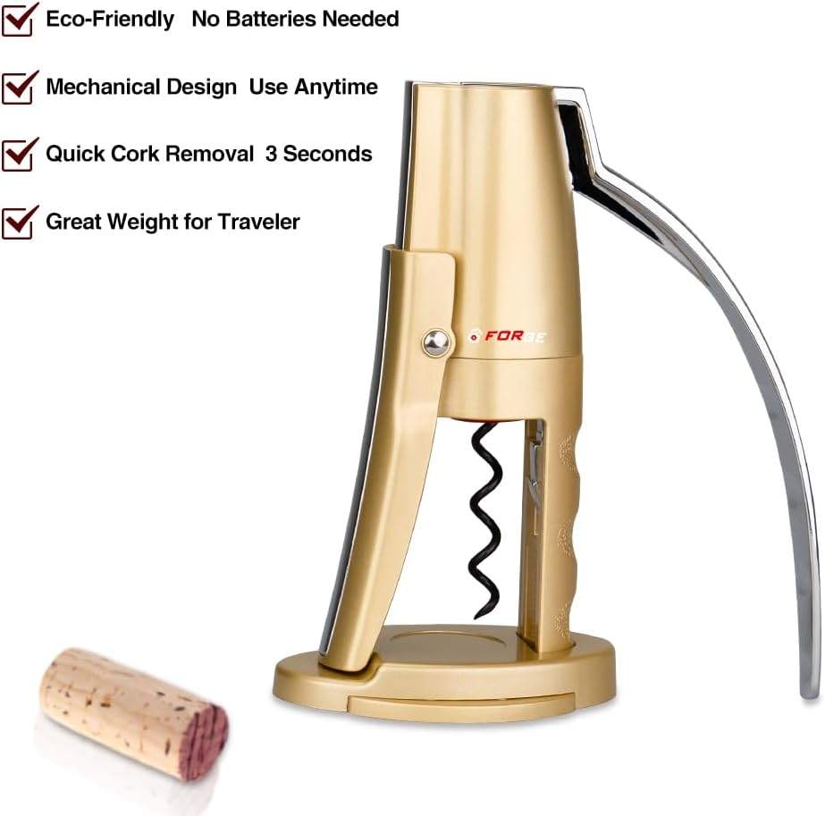 Forge Vertical Lever Corkscrew Champagne Gold Wine Opener with Foil Cutter - 3 Seconds to Open a Bottle of Wine