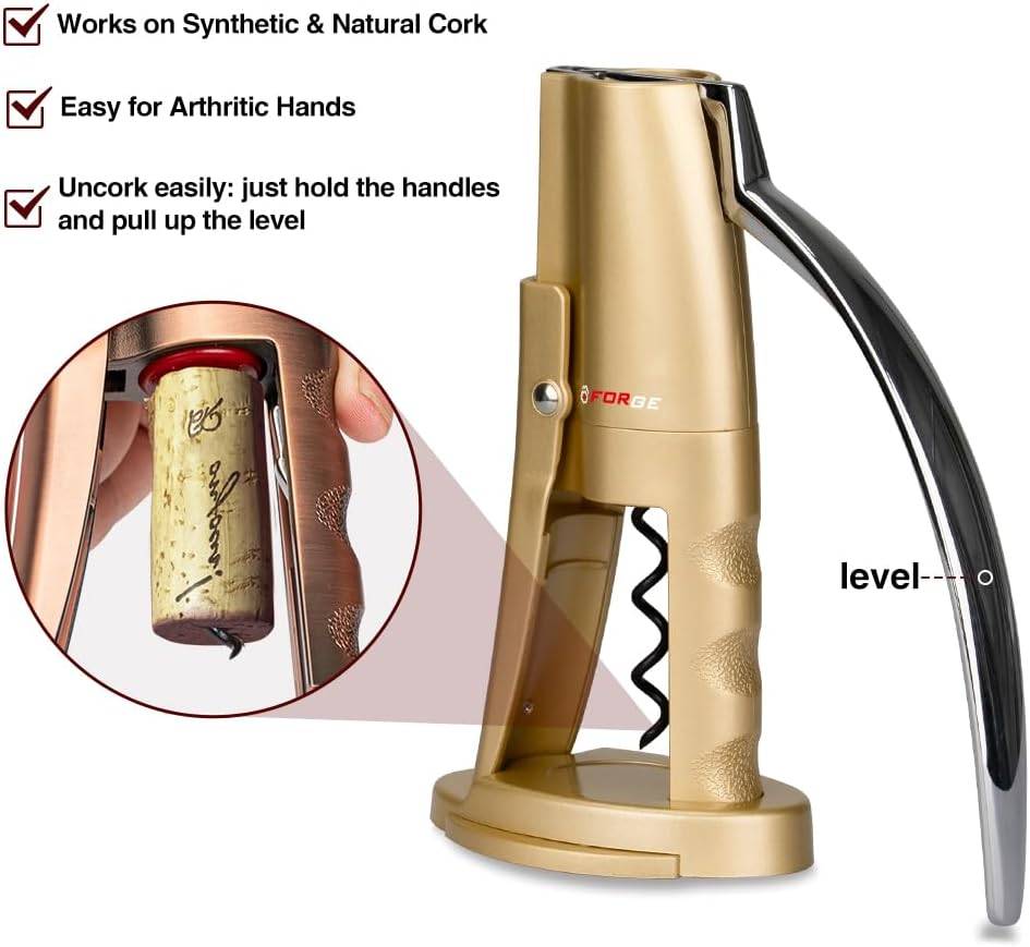 Forge Vertical Lever Corkscrew Champagne Gold Wine Opener with Foil Cutter - 3 Seconds to Open a Bottle of Wine