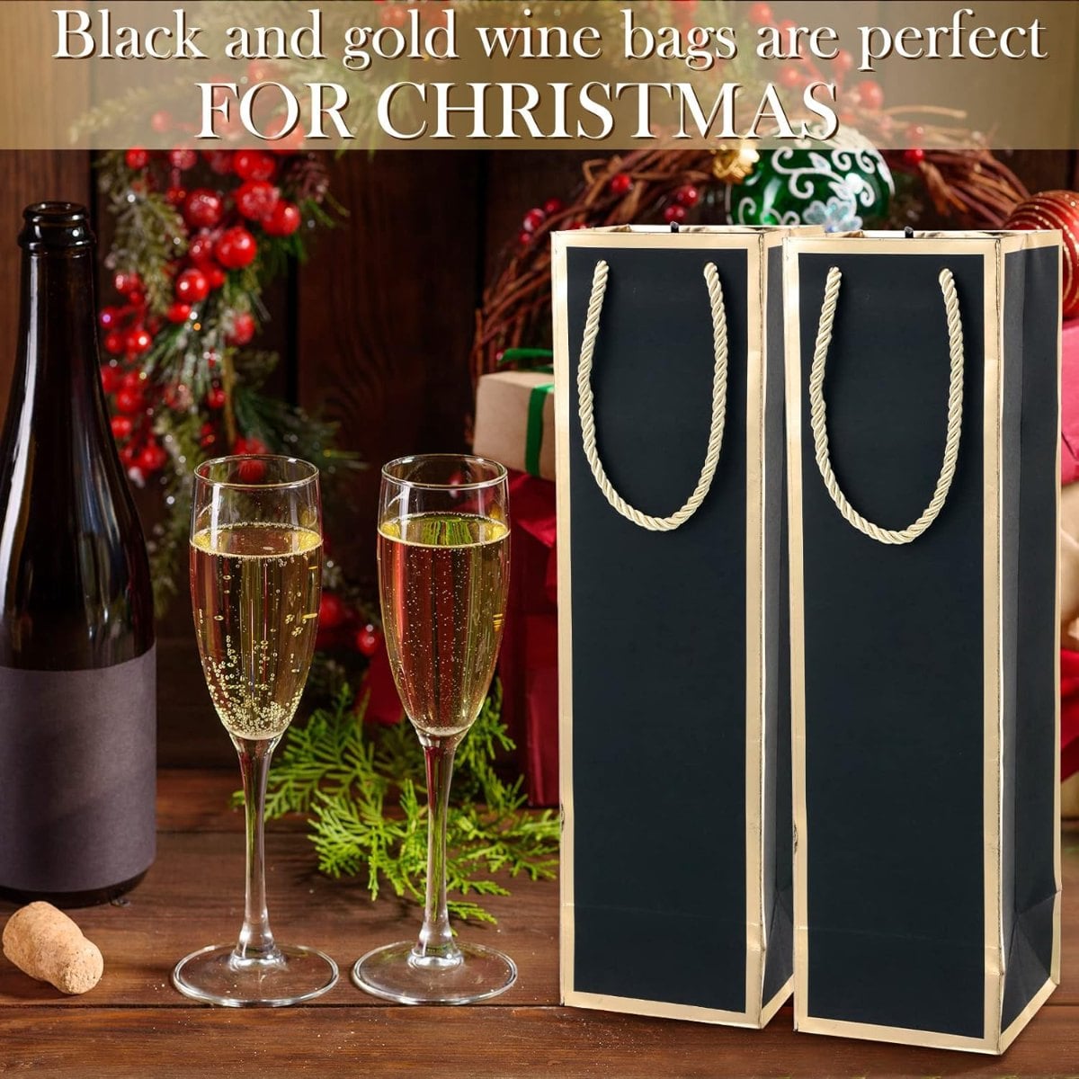 Reusable Gold Foil Print Kraft Paper Gift Bag Black -13.8x3.8x3.8 Inch