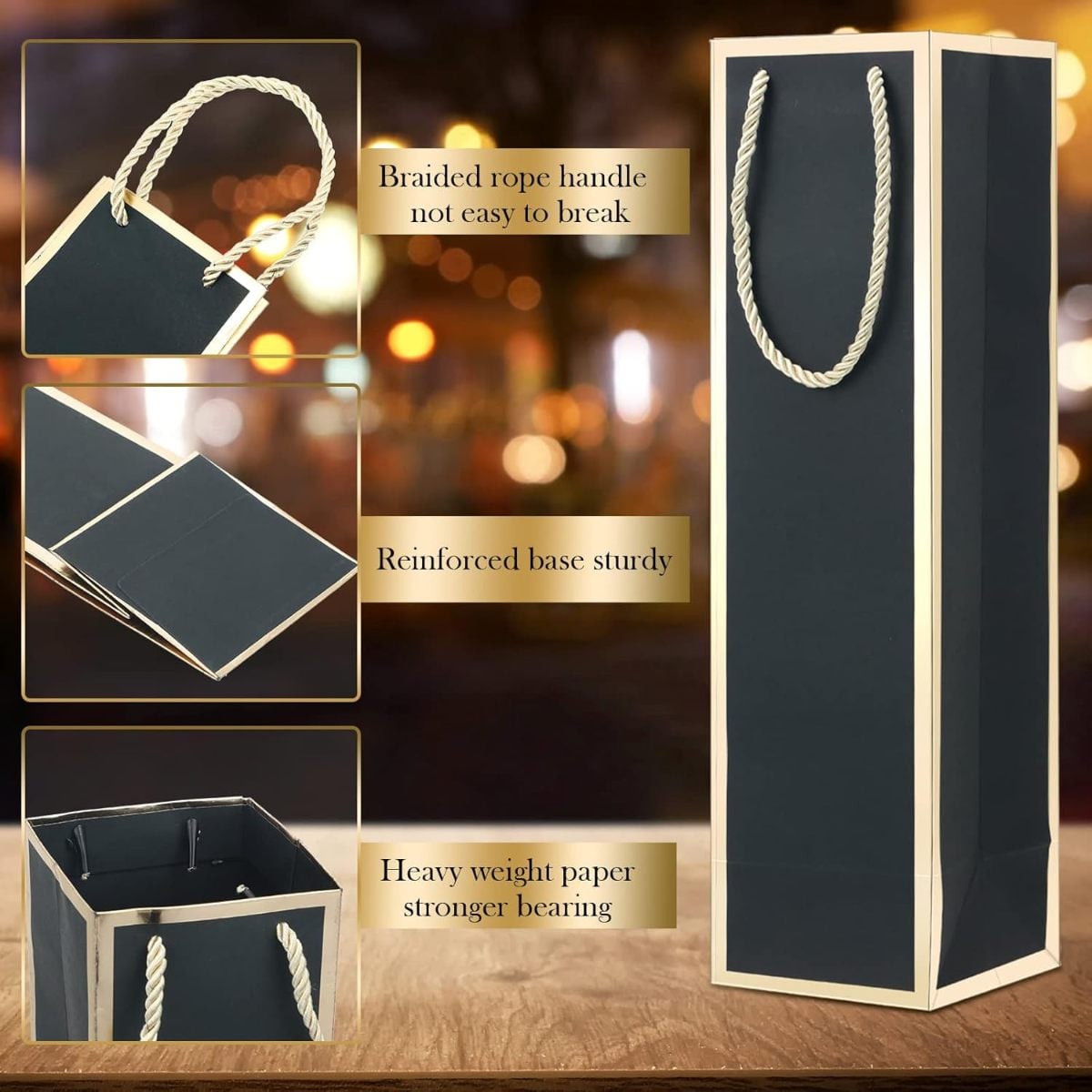 Reusable Gold Foil Print Kraft Paper Gift Bag Black -13.8x3.8x3.8 Inch