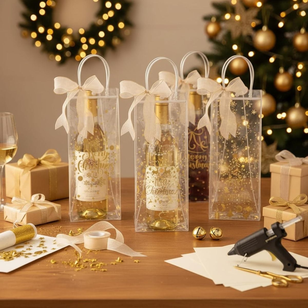 Christmas Wine Clear Gift Bags with Handles and Bow Ribbon for Xmas Parties 13 x 5 x 4 Inches ( Gold )