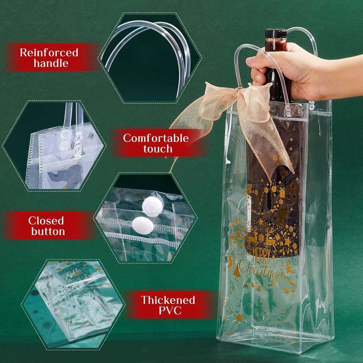 Christmas Wine Clear Gift Bags with Handles and Bow Ribbon for Xmas Parties 13 x 5 x 4 Inches ( Gold )