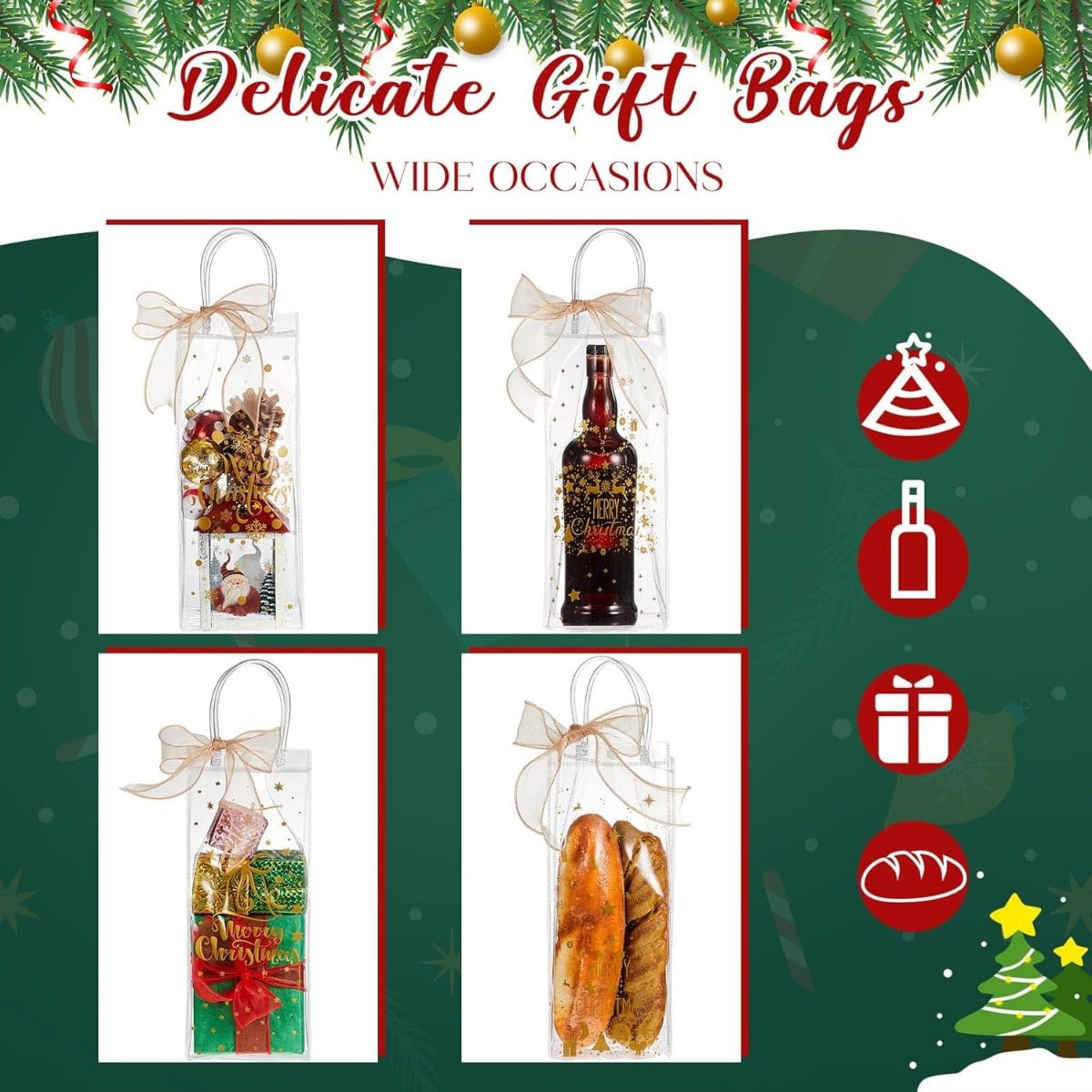 Christmas Wine Clear Gift Bags with Handles and Bow Ribbon for Xmas Parties 13 x 5 x 4 Inches ( Gold )