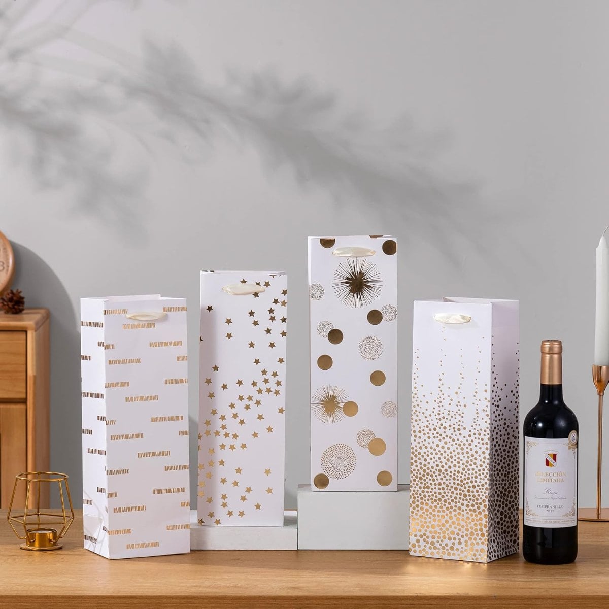 White Gold Patterns Wine Gift Bags for Thanksgiving & Other Holidays 4.72"L x 3.94"W x 13.78"H