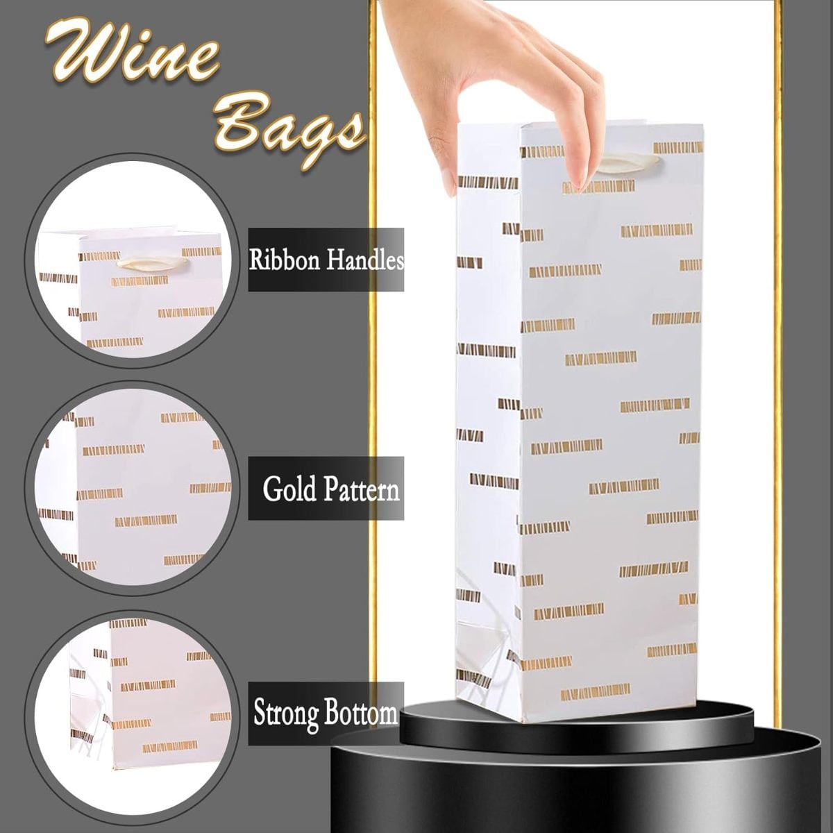 White Gold Patterns Wine Gift Bags for Thanksgiving & Other Holidays 4.72"L x 3.94"W x 13.78"H