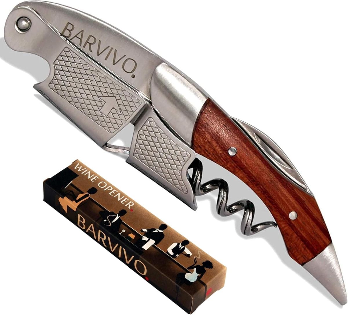 Barvivo Stainless Steel Wine Bottle Opener with Double Hinged Corkscrew Natural Rosewood Handle