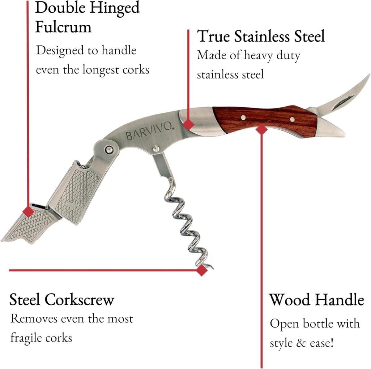 Barvivo Stainless Steel Wine Bottle Opener with Double Hinged Corkscrew Natural Rosewood Handle