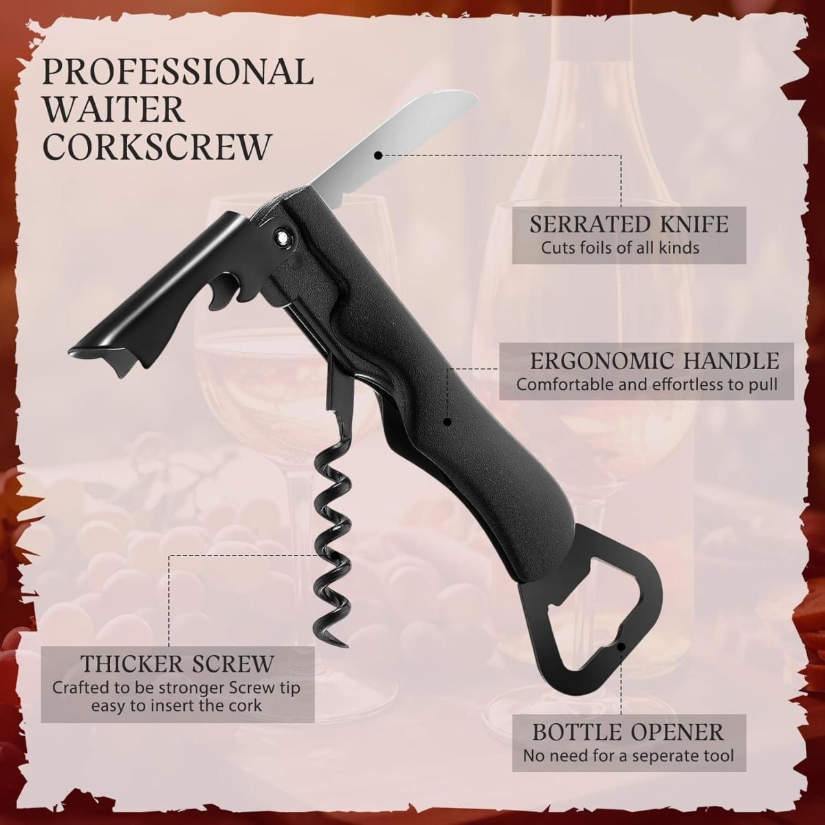 Hushee Professional Stainless Steel Wine Opener with Foil Cutter Corkscrew 3in1- Black