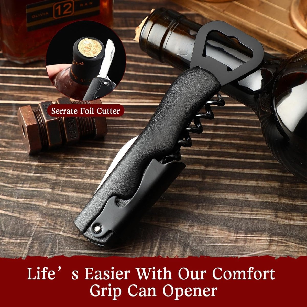 Hushee Professional Stainless Steel Wine Opener with Foil Cutter Corkscrew 3in1- Black