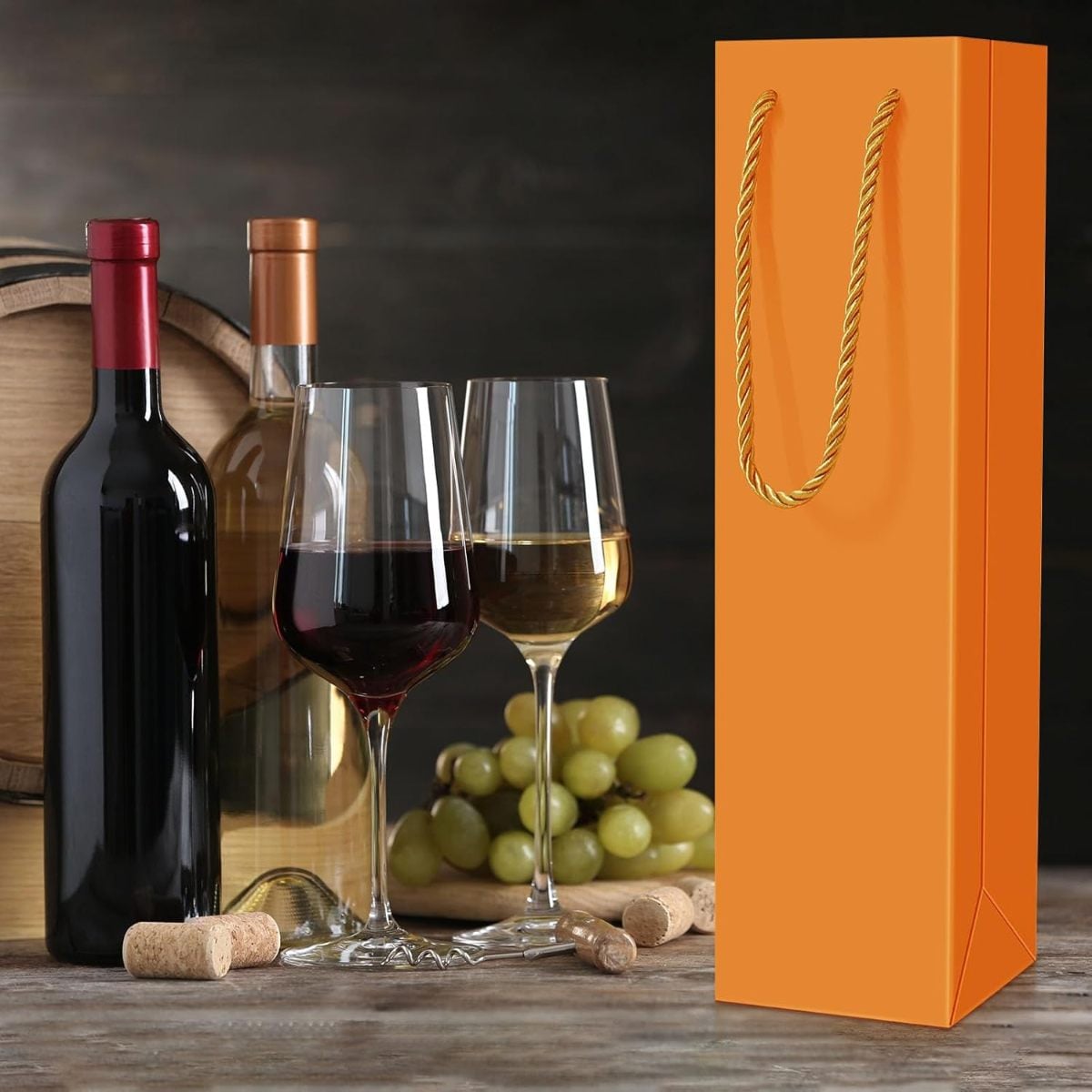 Orange Luxury Gift Bag with Handles for Wine & Champagne W/Gold Wrap Paper - 3.7 x 3.5 x 14 Inch