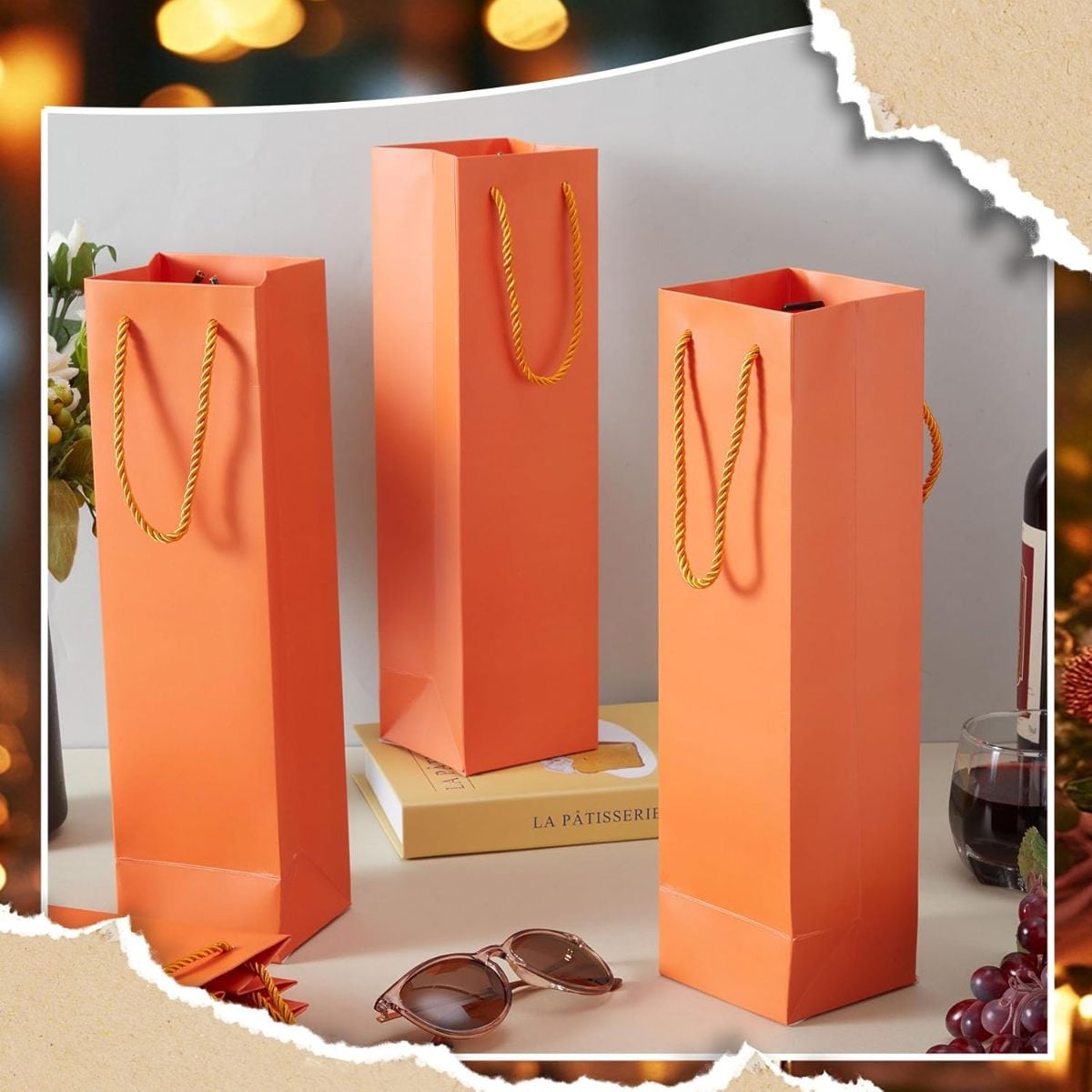 Orange Luxury Gift Bag with Handles for Wine & Champagne W/Gold Wrap Paper - 3.7 x 3.5 x 14 Inch