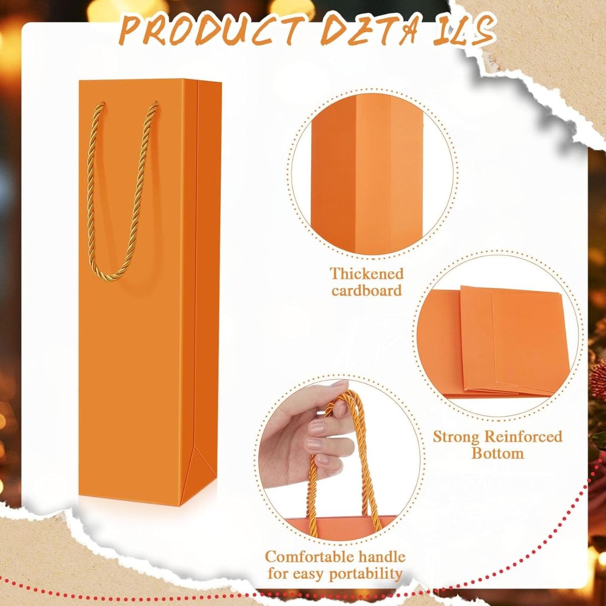 Orange Luxury Gift Bag with Handles for Wine & Champagne W/Gold Wrap Paper - 3.7 x 3.5 x 14 Inch